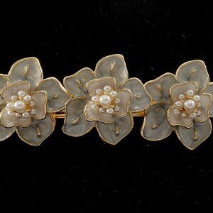 Hair Barrette Gold Tone Metal Enamel Flower Faux Pearl Top Hair Accessory 2 1/2"